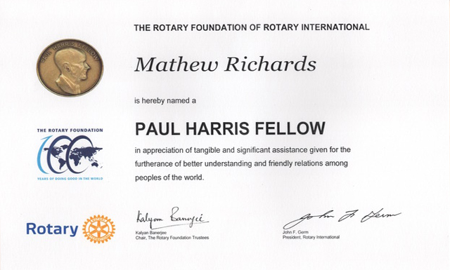 Castle Complements Painting Co Rotary International Certificate